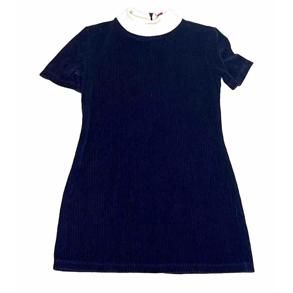 Staud Blue Corduroy Mini‎ Dress Small Short Sleeve White Collar Made in USA